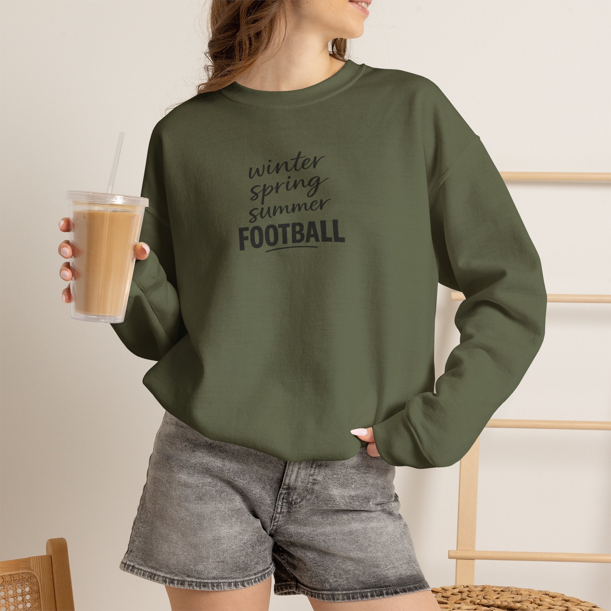 Football Season Crewneck Sweatshirt — "Winter Spring Summer FOOTBALL"