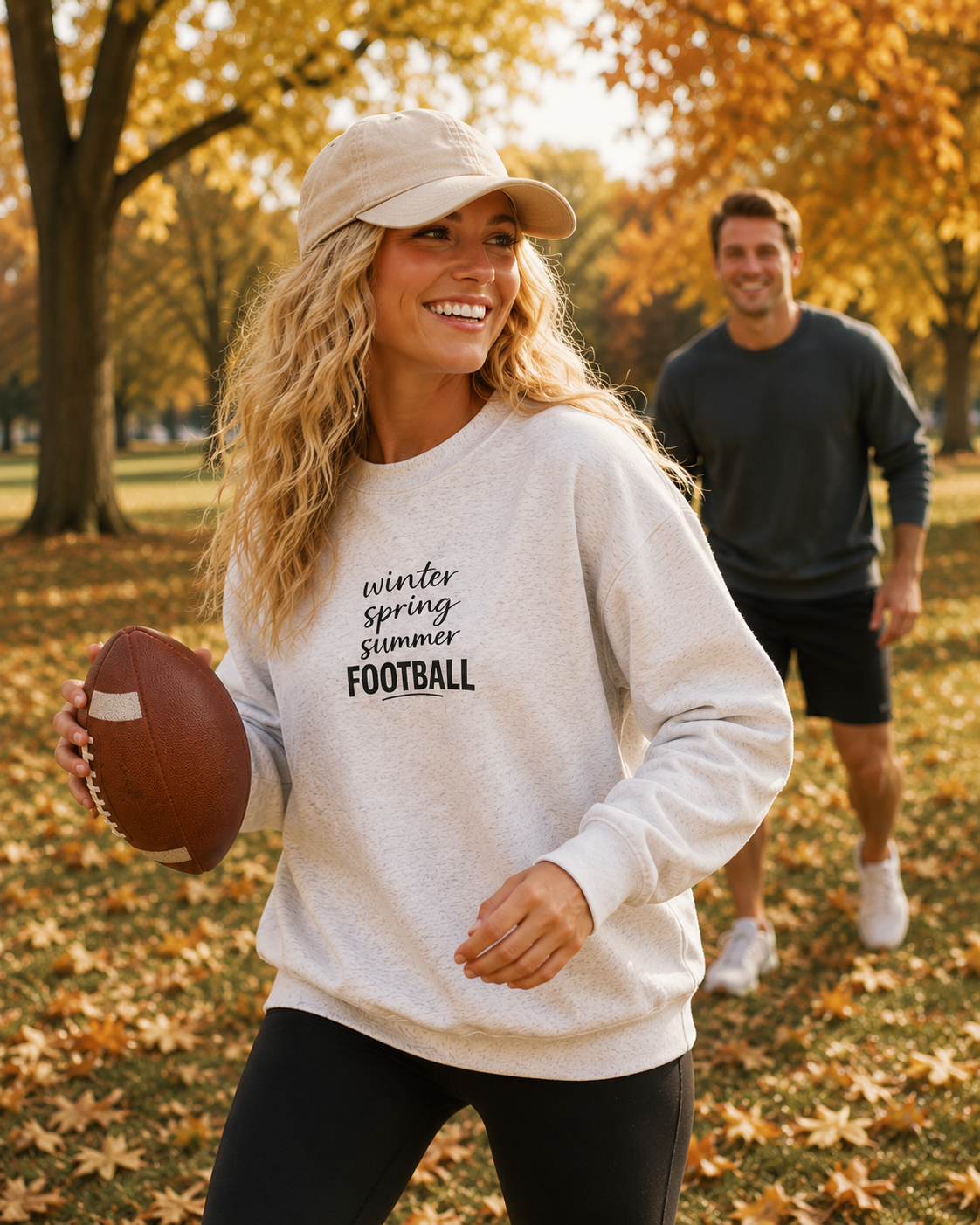 Football Season Crewneck Sweatshirt — "Winter Spring Summer FOOTBALL"